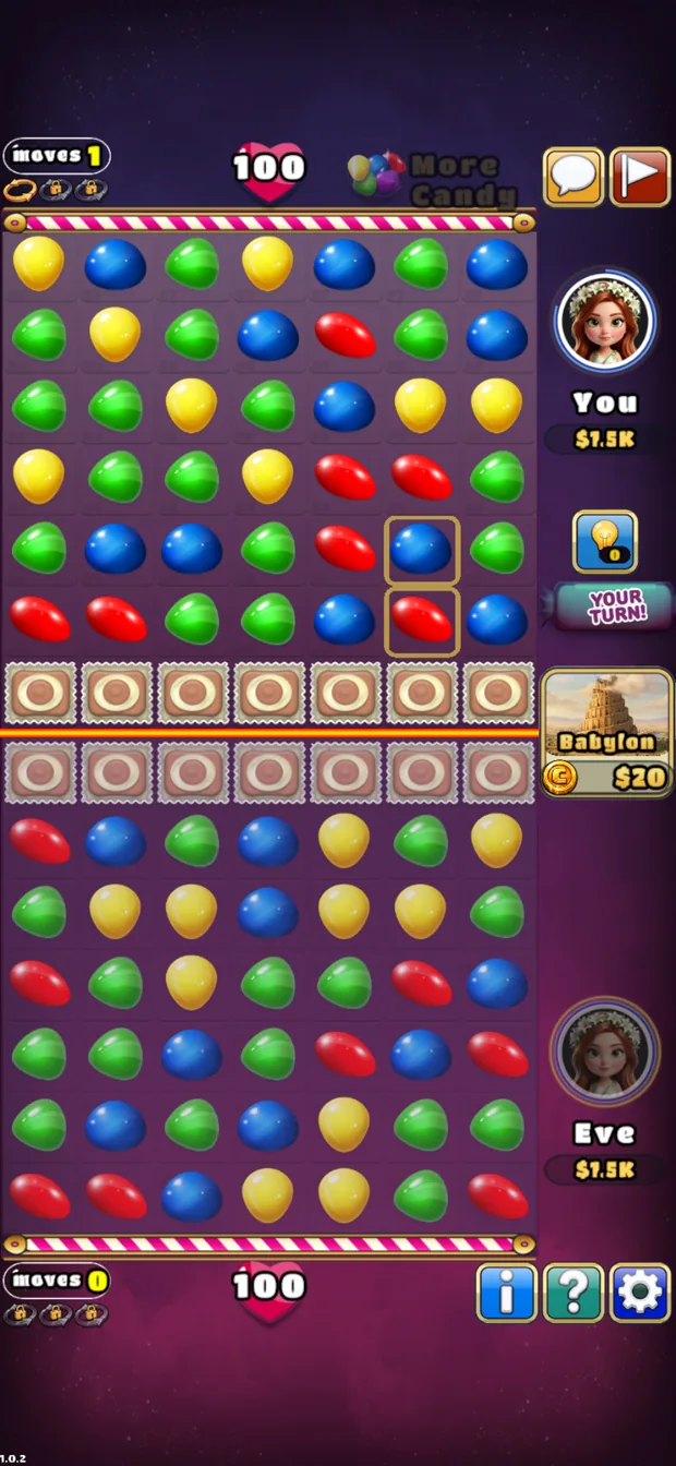 A Sweet Clash duel in progress: two candy boards stacked, the
                                  player's health and moves above and below.