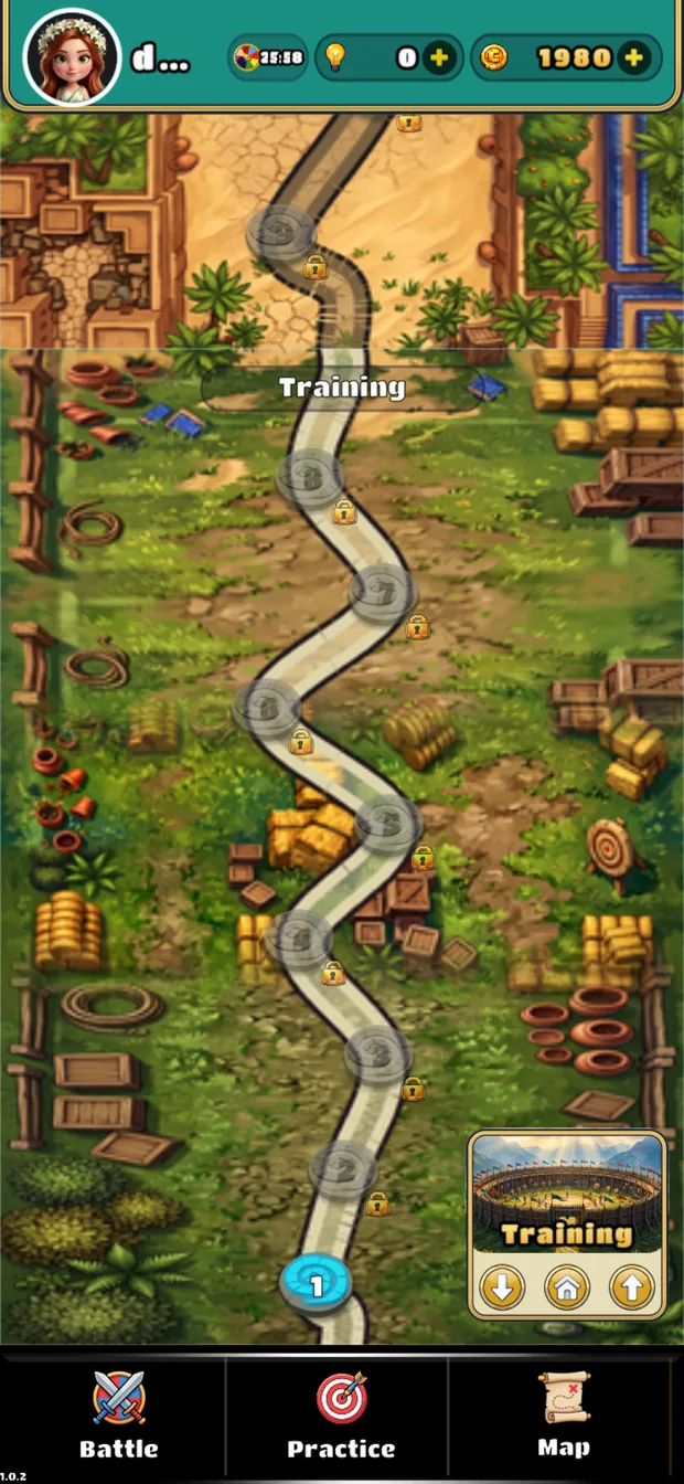 The campaign map — a winding road through the Training
                                      Grounds with locked stops along it.